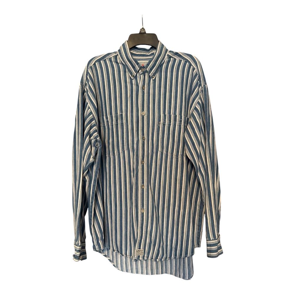 Vintage Levi's Men's Large Blue White Striped Denim Work Shirt